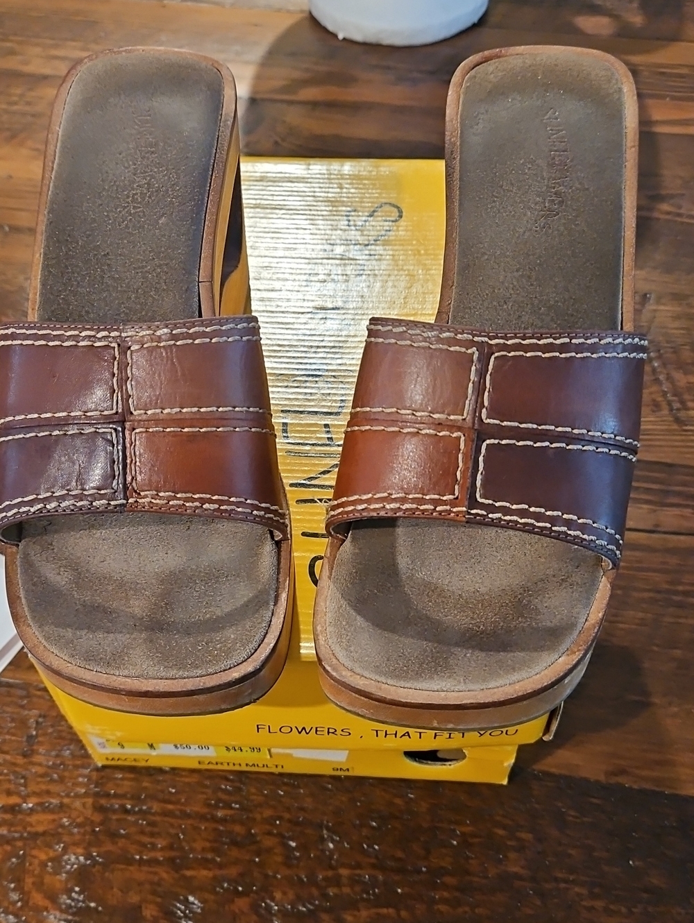 Vintage 90s Sunflowers Macey  Brown Leather Wedge Clogs
